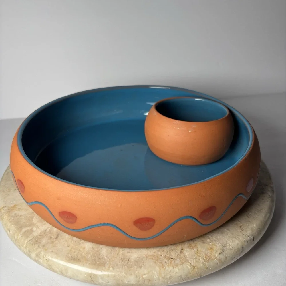 Terracotta Clay Chip And Dip Party Salsa Bowl Himark Portugal Pottery‎ Southwest